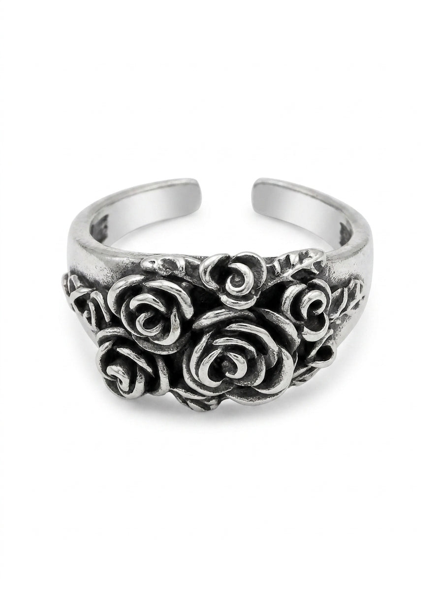 Brick Lane Gothic Vintage Carved Rose Flower Ring - Silver