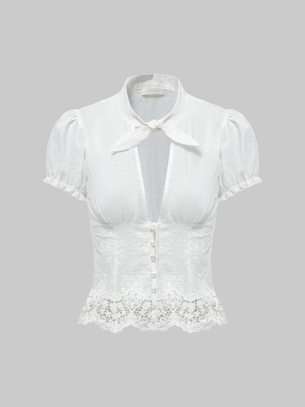 Brick Lane Skimming Lace Leather Panel Stand Collar Shirt - White