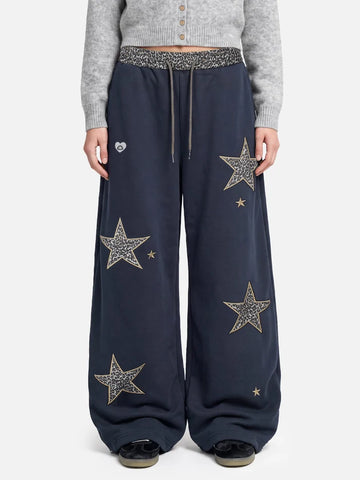 Co-ed Dorm Wide-leg Star Patch Denim Maxi Pants - Blue