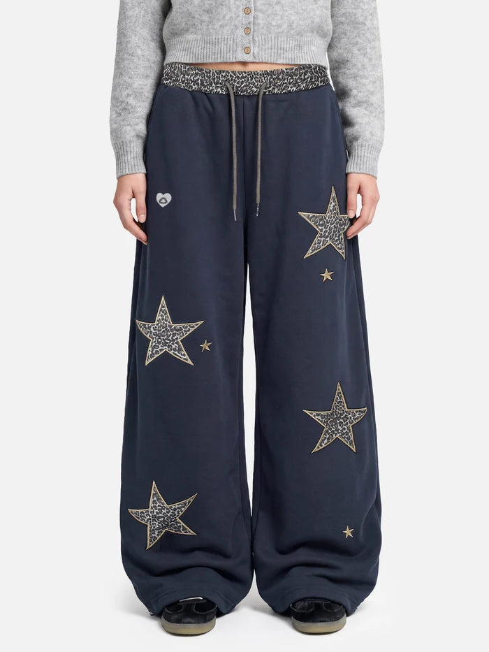 Co-ed Dorm Wide-leg Star Patch Denim Maxi Pants - Blue