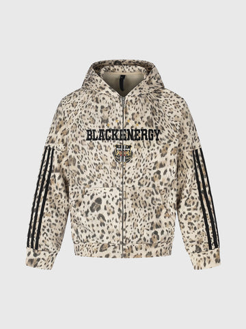 Co-ed Dorm Baggy Leopard Print Side Striped Zip-up Hoodie - Beige