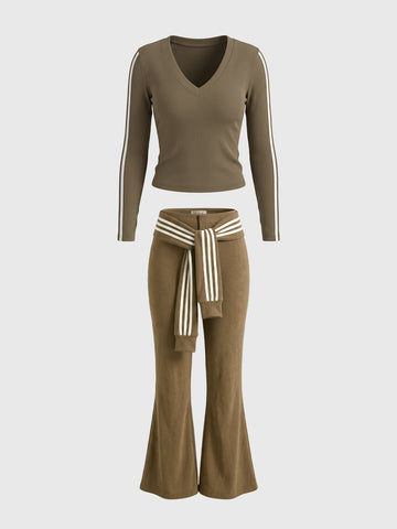 Co-ed Dorm Two-Piece V-Neck Top and Flare Pants Set - Brown