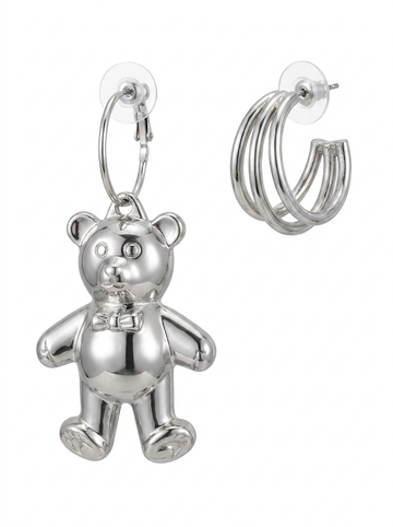 Brick Lane Punk Liquid Metal Teddy Bear Hoop Earrings Set - Silver
