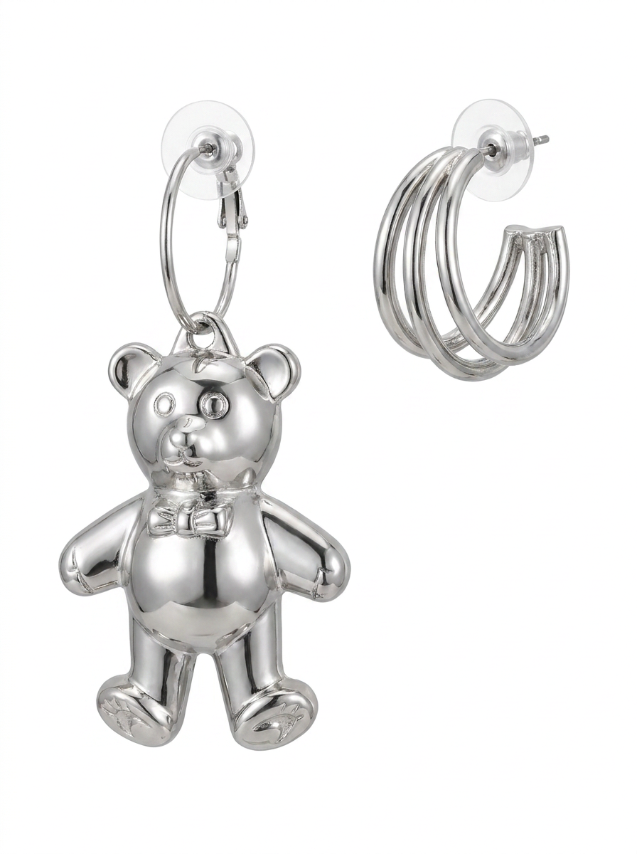 Brick Lane Punk Liquid Metal Teddy Bear Hoop Earrings Set - Silver