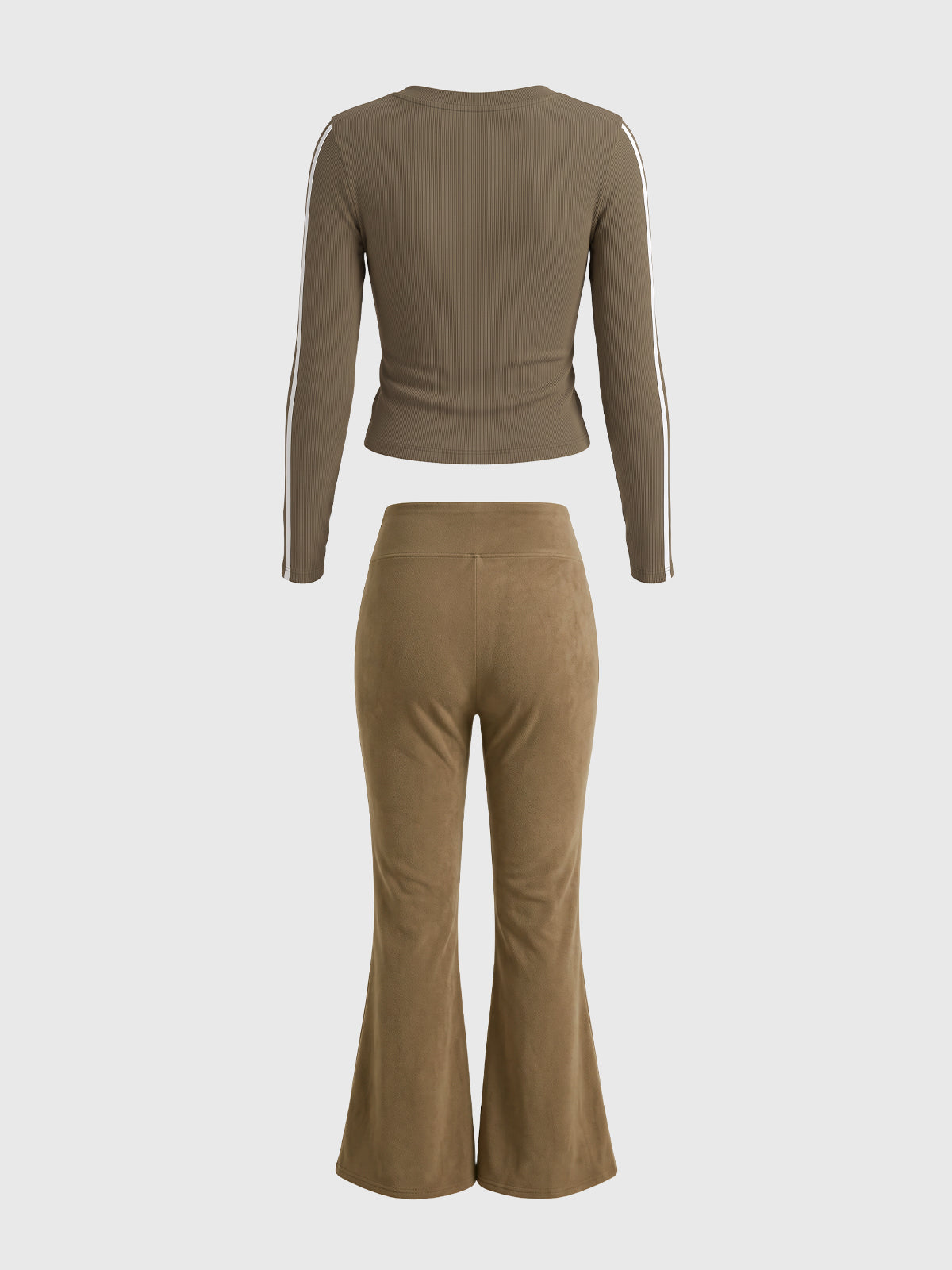 Co-ed Dorm Two-Piece V-Neck Top and Flare Pants Set - Brown