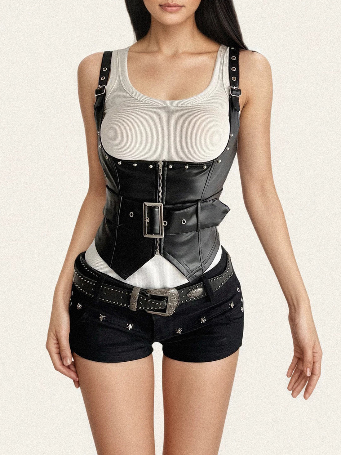 Brick Lane Skimming Faux Leather Buckled Corset Top - Black