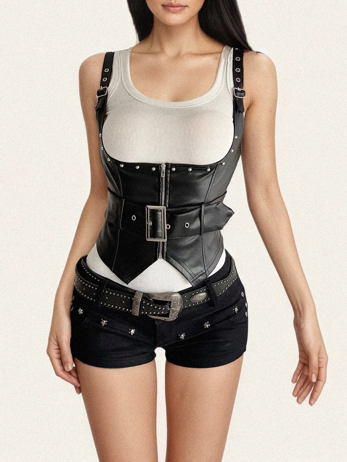 Brick Lane Skimming Faux Leather Buckled Corset Top - Black