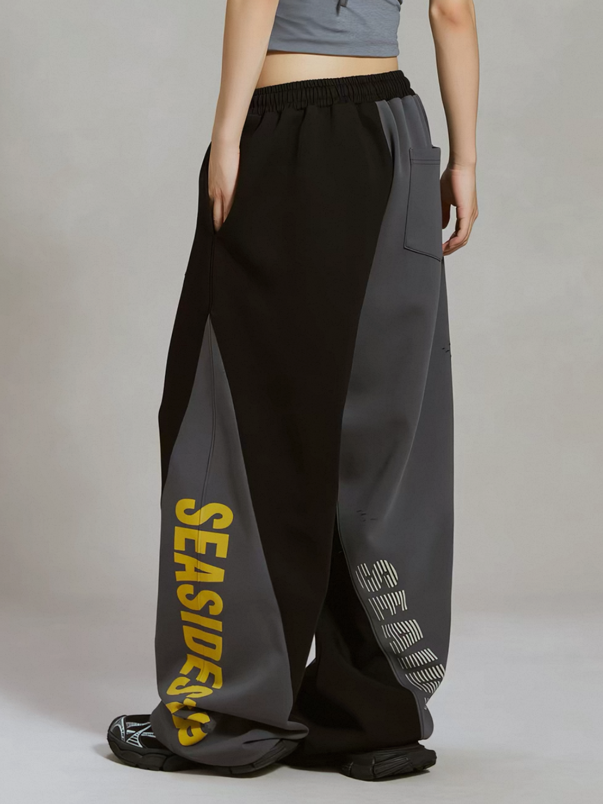 Co-ed Dorm Wide-leg Contrast Fold-over Waist Maxi Pants - Grey