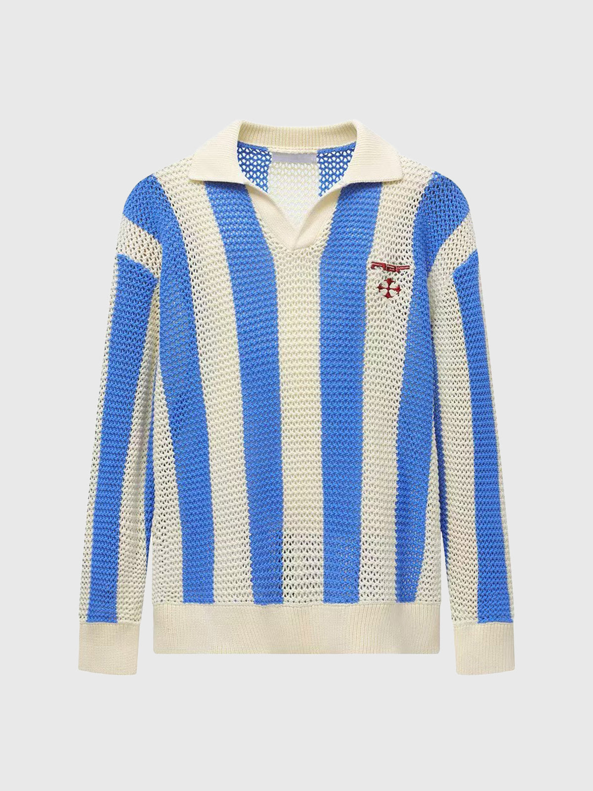 Striped Open-Knit Long Sleeve Polo – Sky Blue