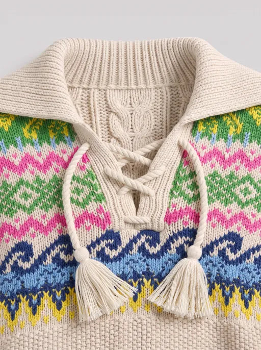 Co-ed Dorm Baggy Colorblock Knit Sweater - Beige