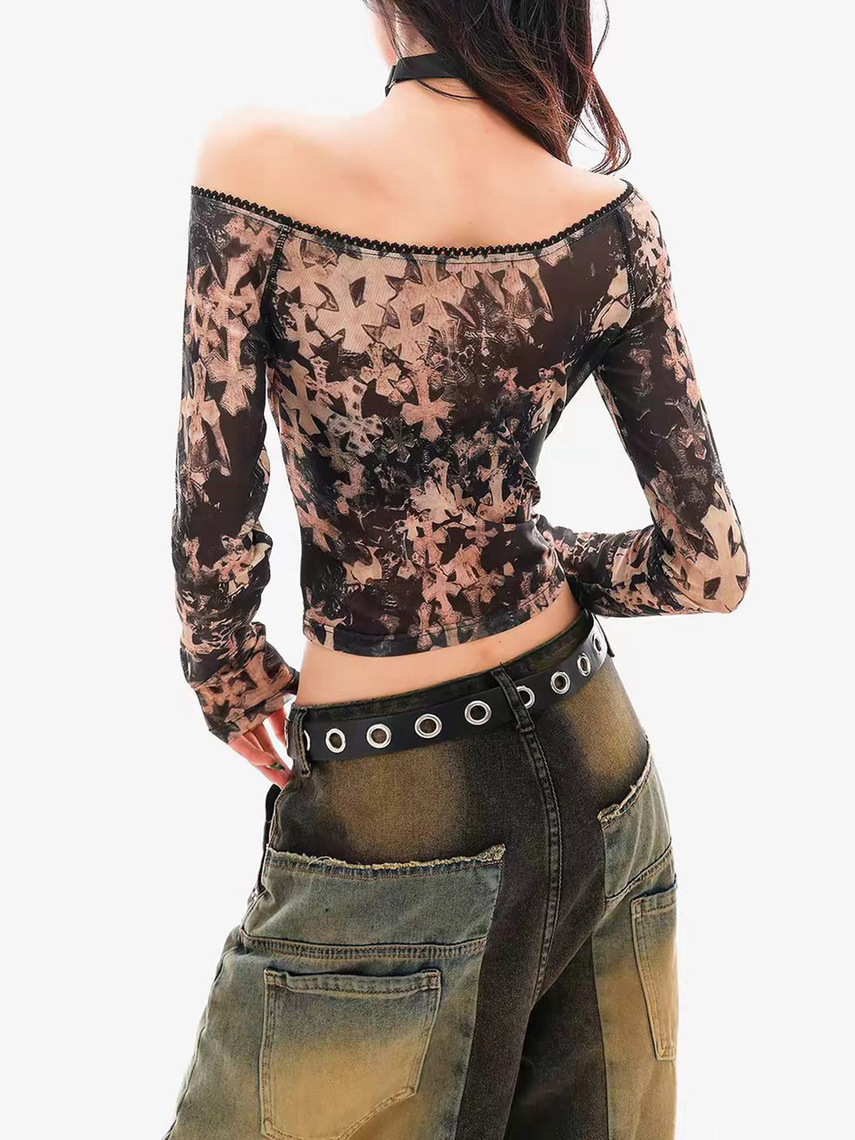 Brick Lane Off-Shoulder Printed Long Sleeve Crop Top - Brown