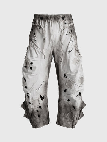 Co-ed Dorm Wide-leg Distressed Mud-Wash Cargo Pants - White