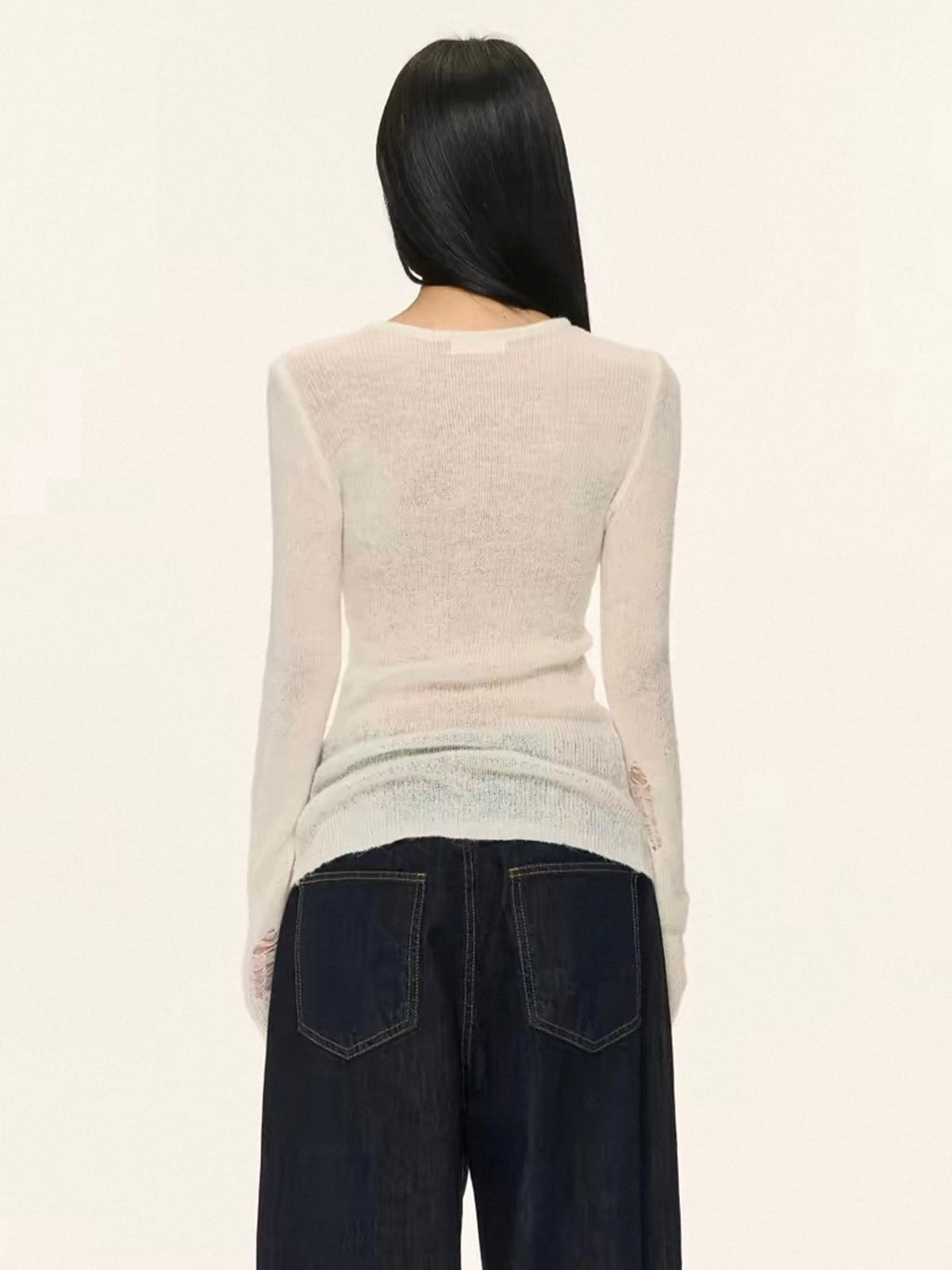 American Club Skimming Contrast Trim Ribbed Long Sleeve Top - White