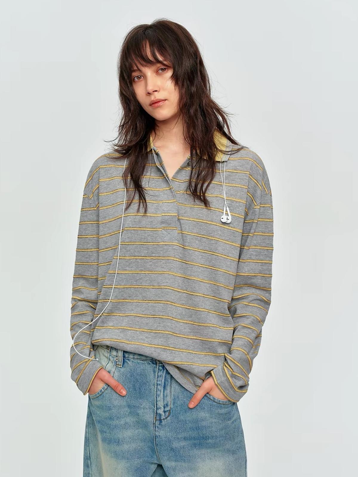 Brick Lane Striped Polo Collar Long Sleeve Sweatshirt - Grey