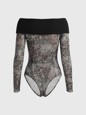 Brick Lane Skimming Graphic Print Bodysuit Top - Grey