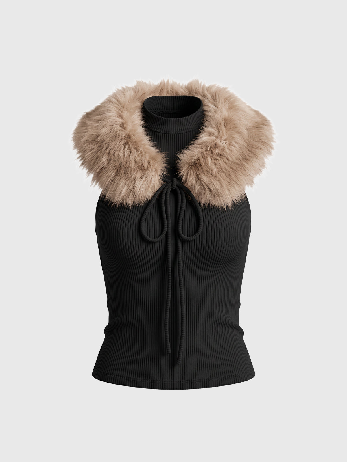American Club Skimming Faux-Fur Collar Zip Vest Top - Black