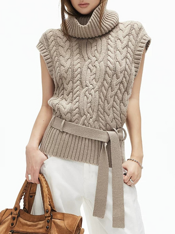 Brick Lane Skimming Turtleneck Sleeveless Knit Top - Beige