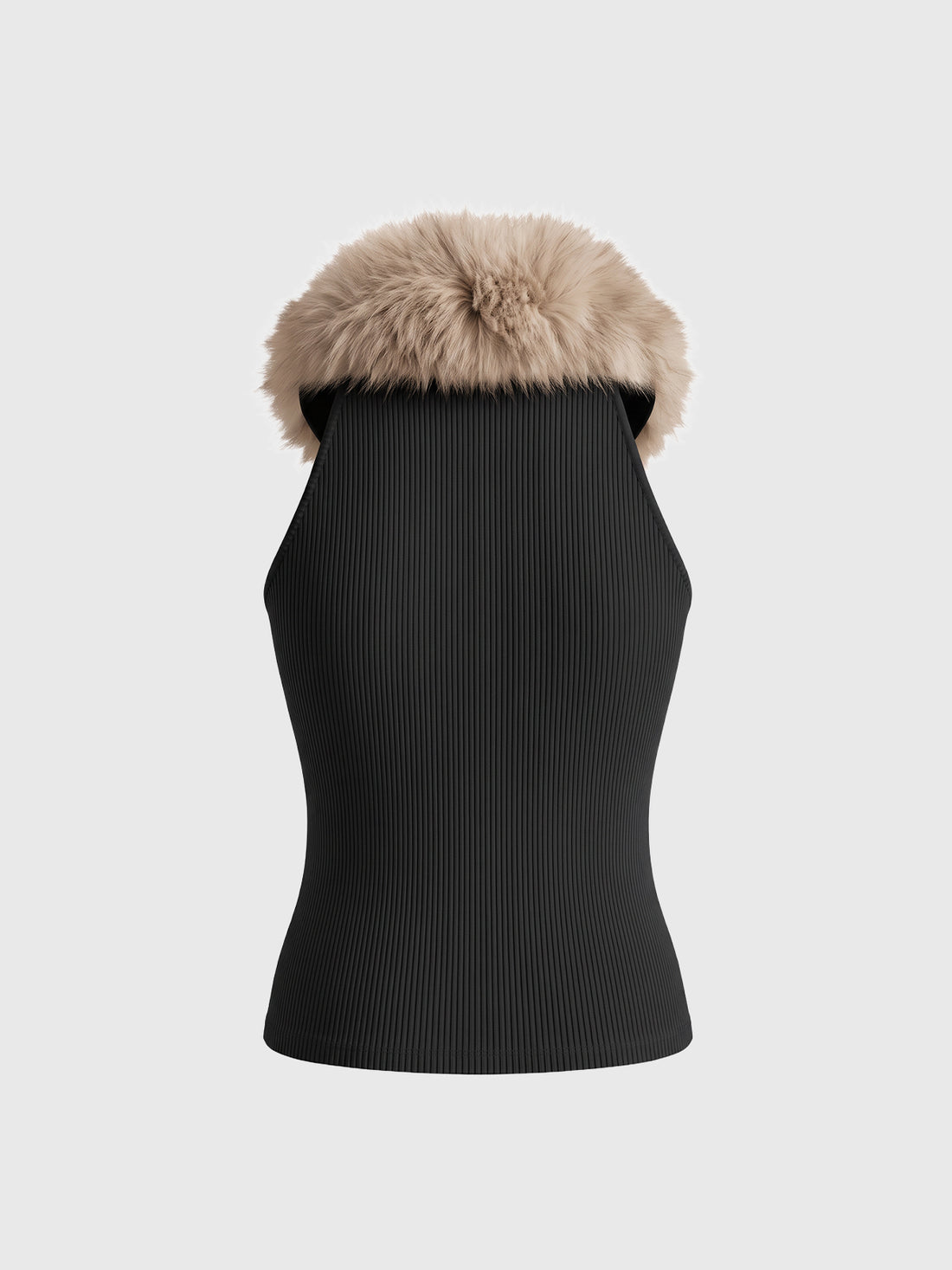 American Club Skimming Faux-Fur Collar Zip Vest Top - Black
