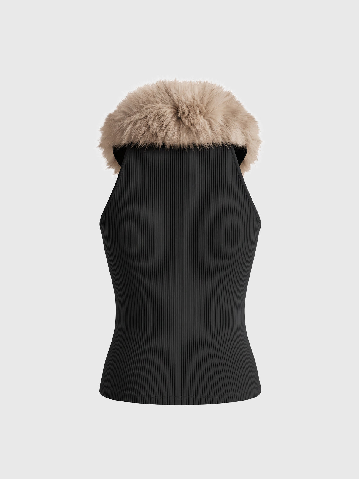 American Club Skimming Faux-Fur Collar Zip Vest Top - Black