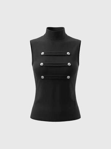 American Club Skimming High Neck Double-Breasted Top - Black