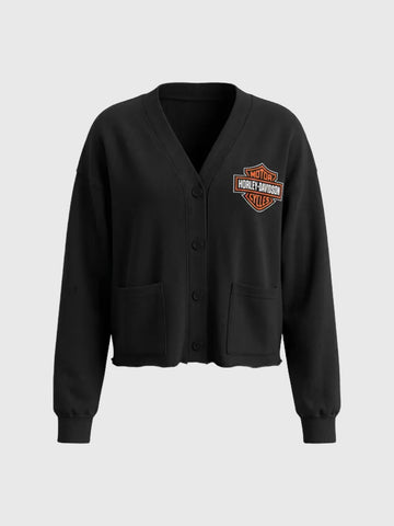 American Club Baggy Graphic Embroidered Knit Cardigan - Black