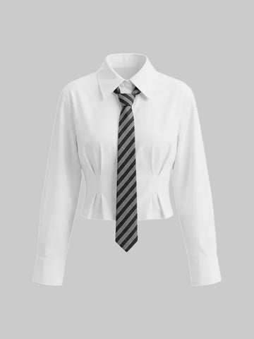 American Club Skimming Contrast Tie Long Sleeve Top - White