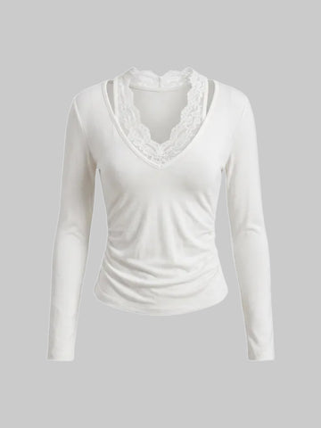 Co-ed Dorm Skimming Cowl Neck Ruched Long Sleeve Top - White
