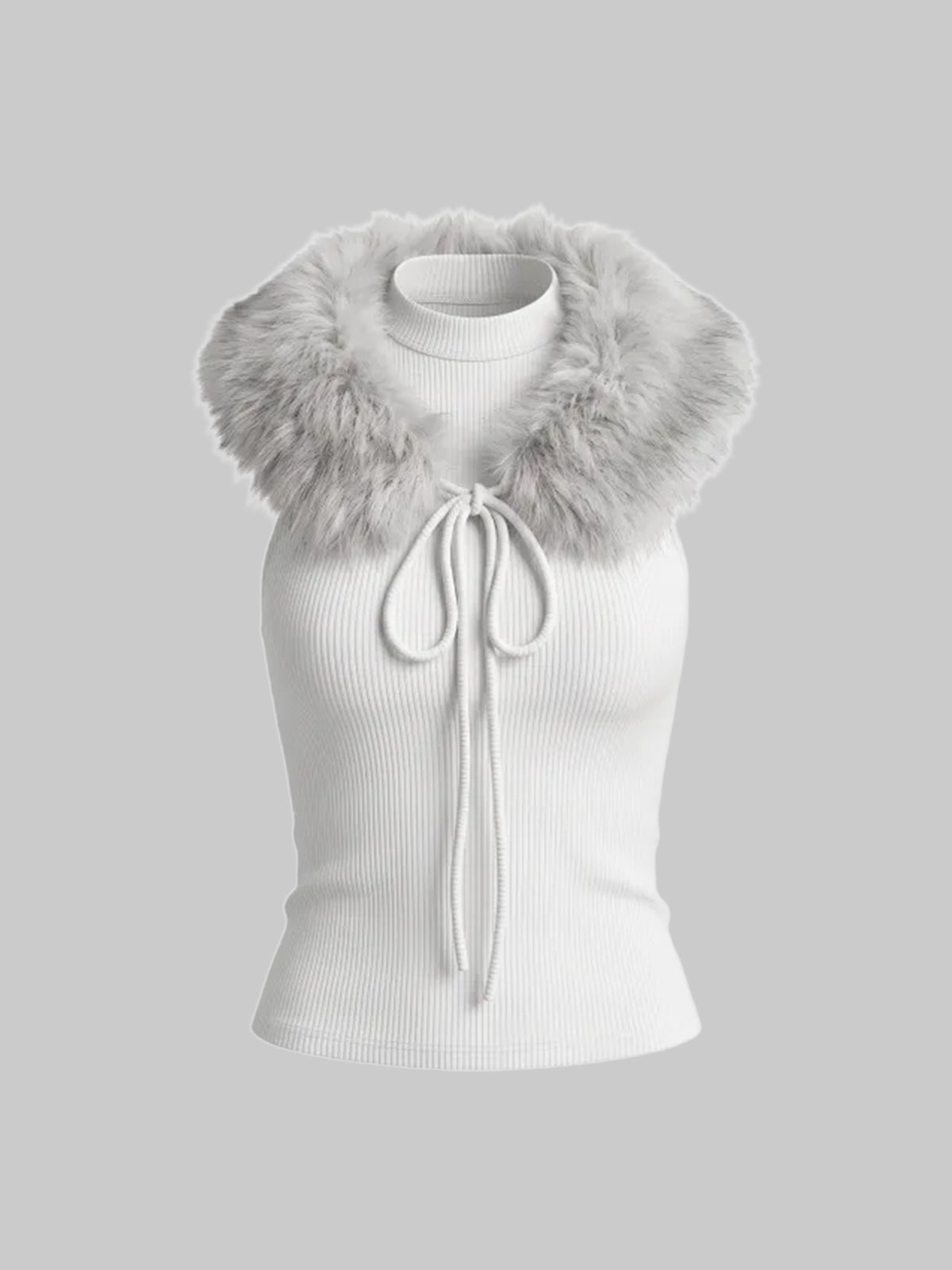 American Club Skimming Faux-Fur Collar Zip Vest Top - White