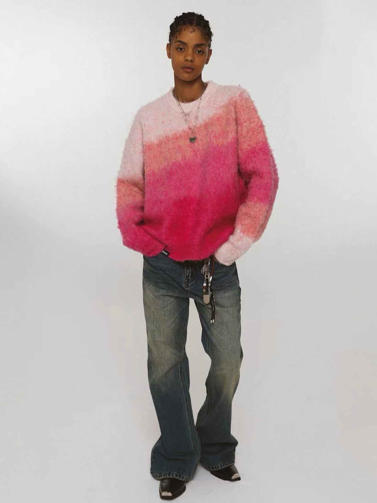 American Club Baggy Ombre Crewneck Knit Sweater - Pink