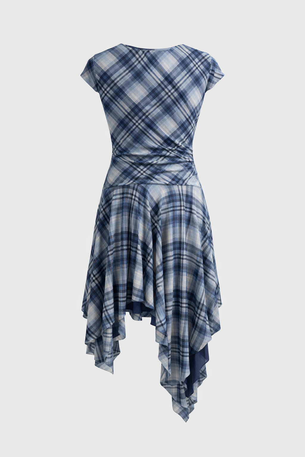Dolled Office Skimming Check Asymmetric Hem Dress - Blue/White