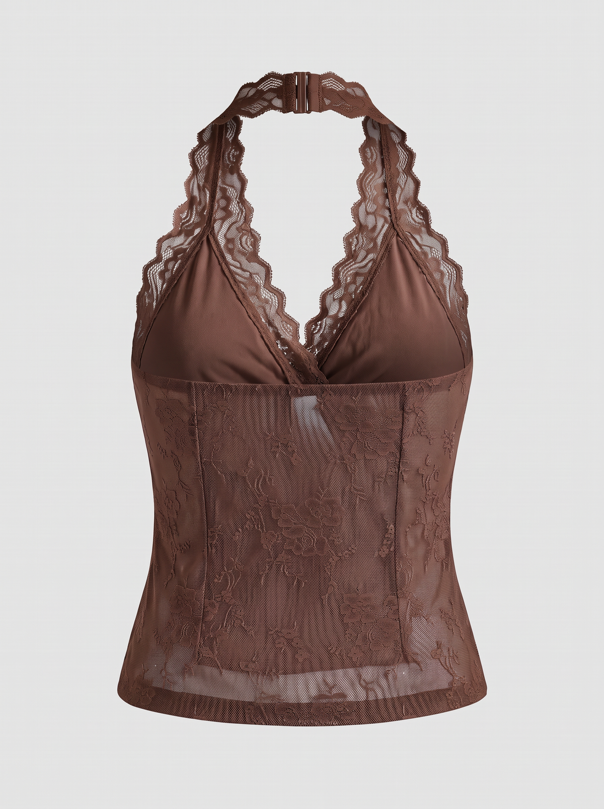 Co-ed Dorm Skimming Lace Trim Halter Top - Brown