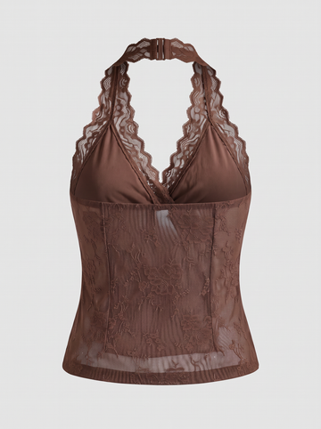 Co-ed Dorm Skimming Lace Trim Halter Top - Brown