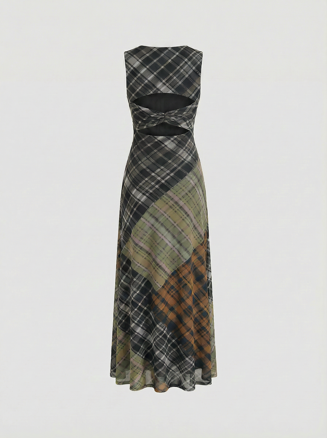 Brick Lane Patchwork Plaid Cut Out Maxi Dress - Multi