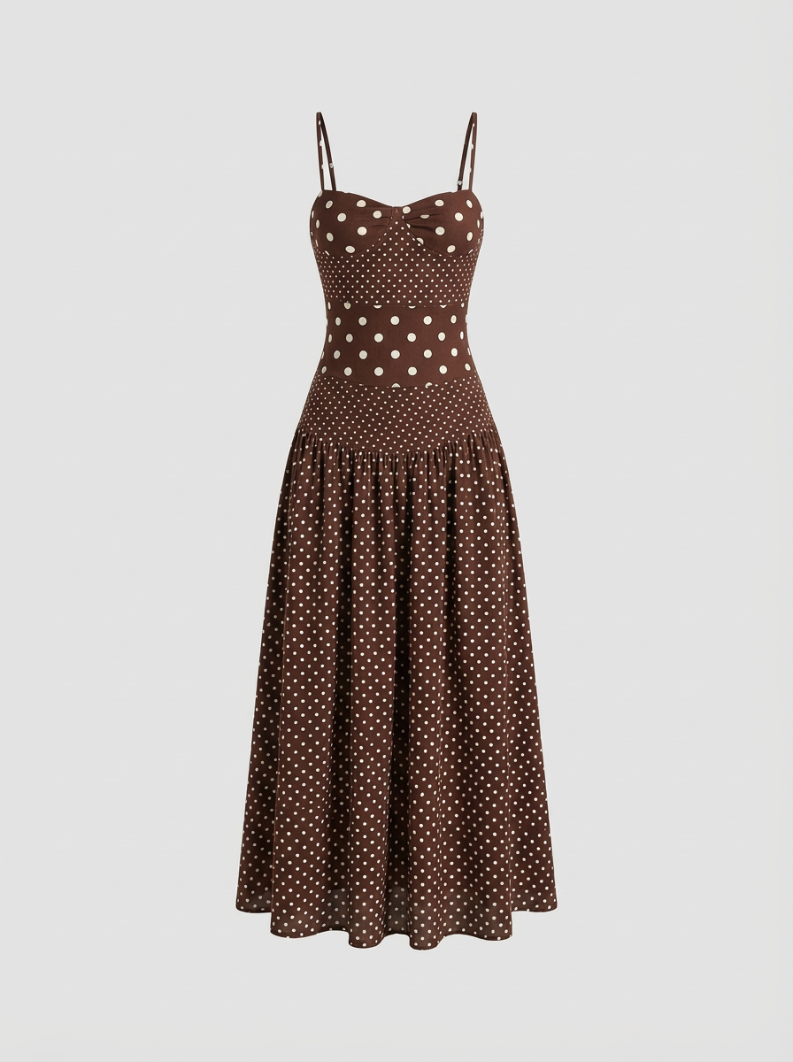 Coffee Dot Waist Dress - Cocoa Brown