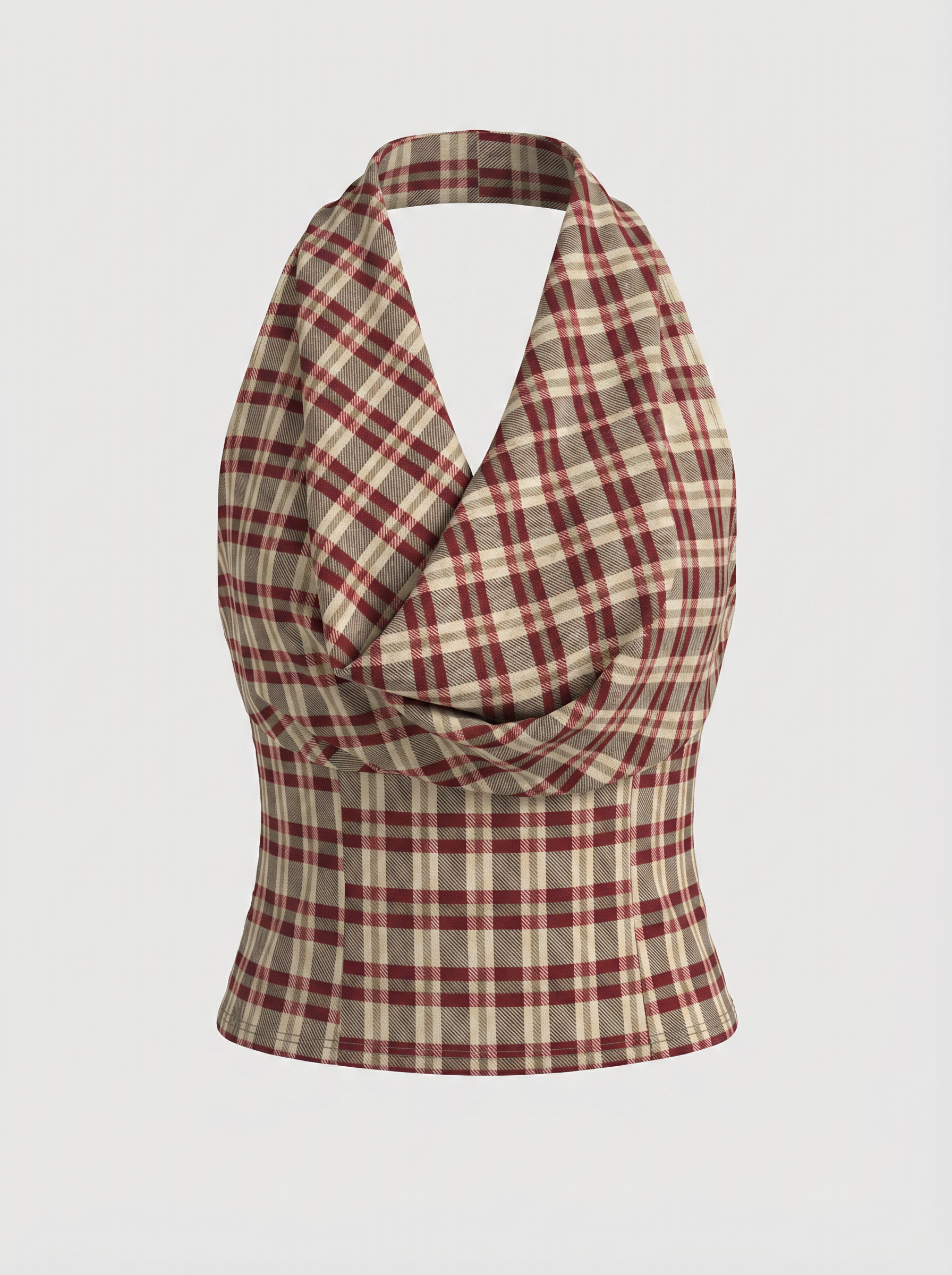 Brick Lane Check Plaid Off-Shoulder Halter Top - Brown