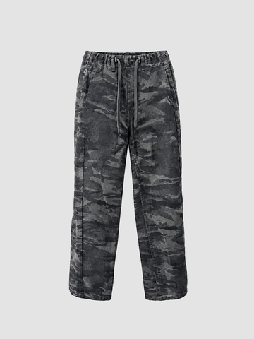 Brick Lane Washed Camo Print Drawstring Sweatpants Maxi Pants - Charcoal