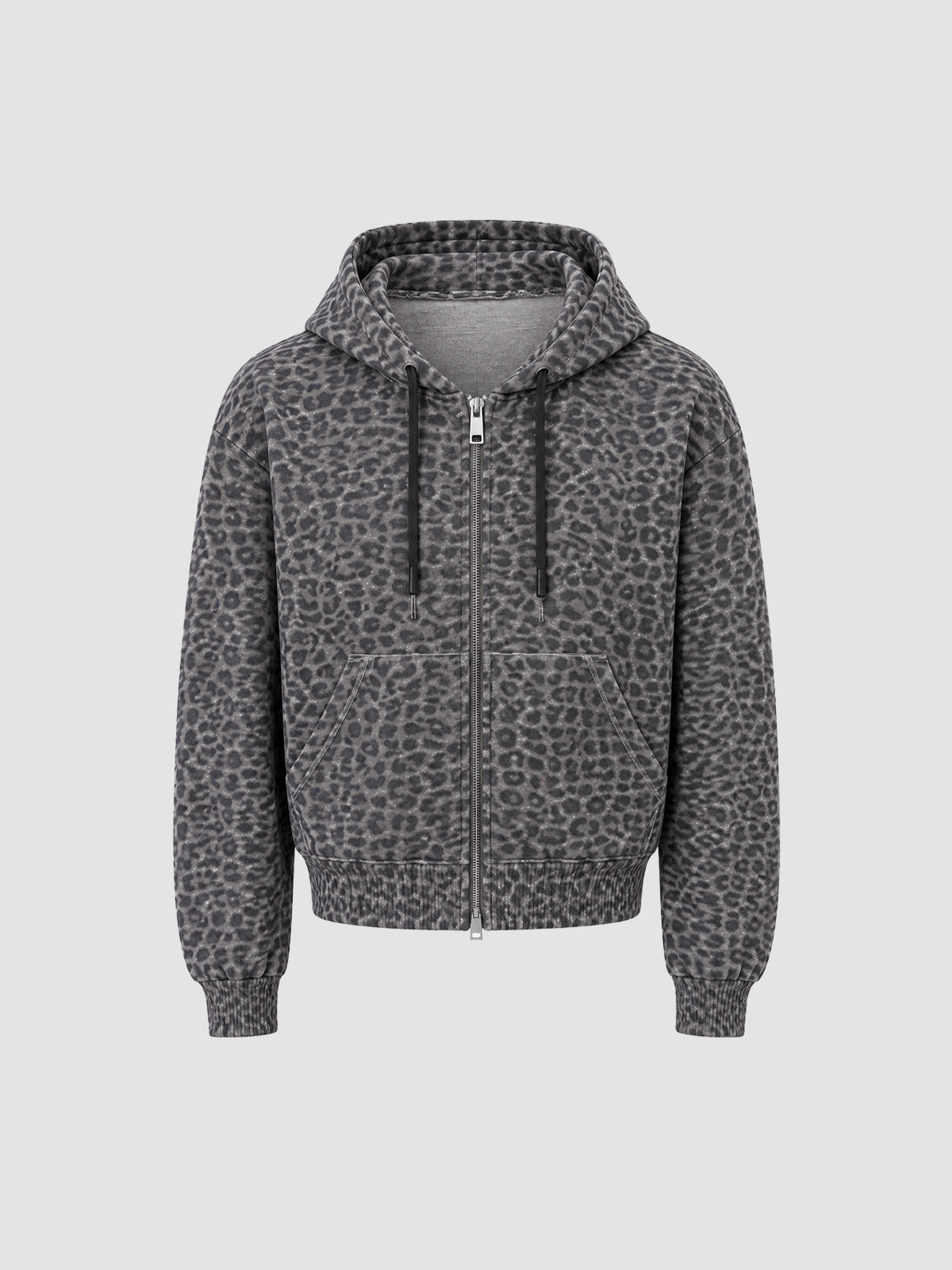 Brick Lane Leopard Print Zip-Up Cropped Hoodie - Grey