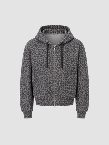 Brick Lane Leopard Print Zip-Up Cropped Hoodie - Grey