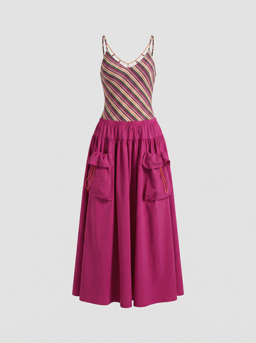 Brick Lane Skimming Stripe Patchwork Maxi Dress - Fuchsia