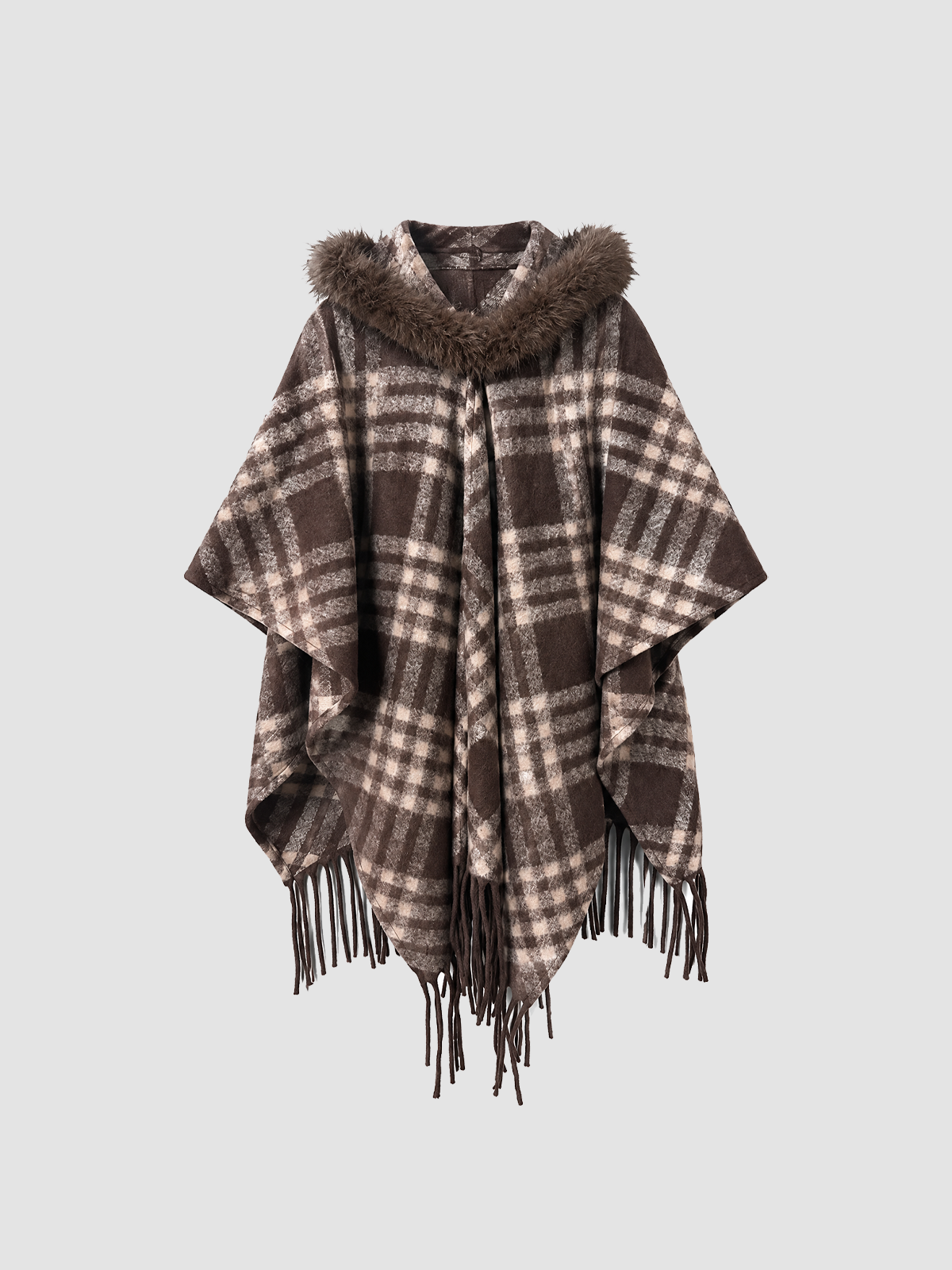 Brick Lane Plaid Pattern Fringed Knit Poncho Shawl - Brown/Black