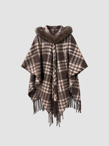 Brick Lane Plaid Pattern Fringed Knit Poncho Shawl - Brown/Black