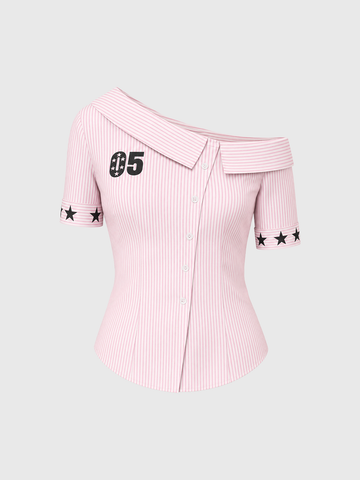 Brick Lane Asymmetric Star Jersey Style Off Shoulder Top - Pink