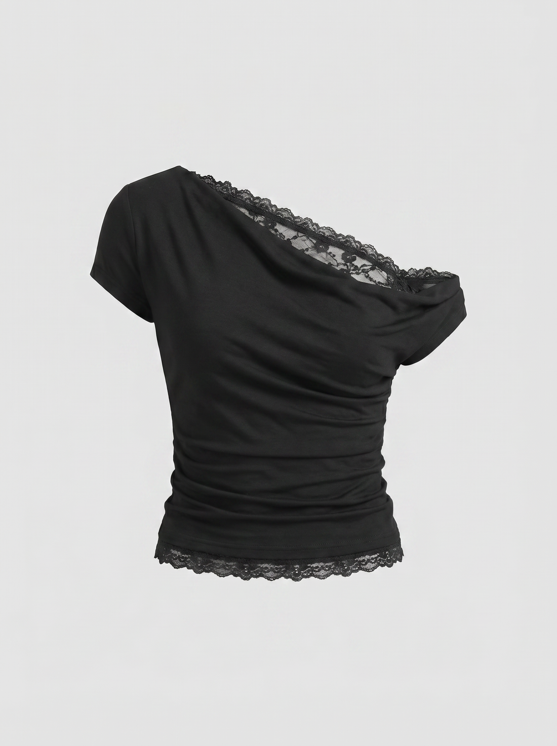 Dolled Office Layered-look Lace Trim Asymmetric Top - Black