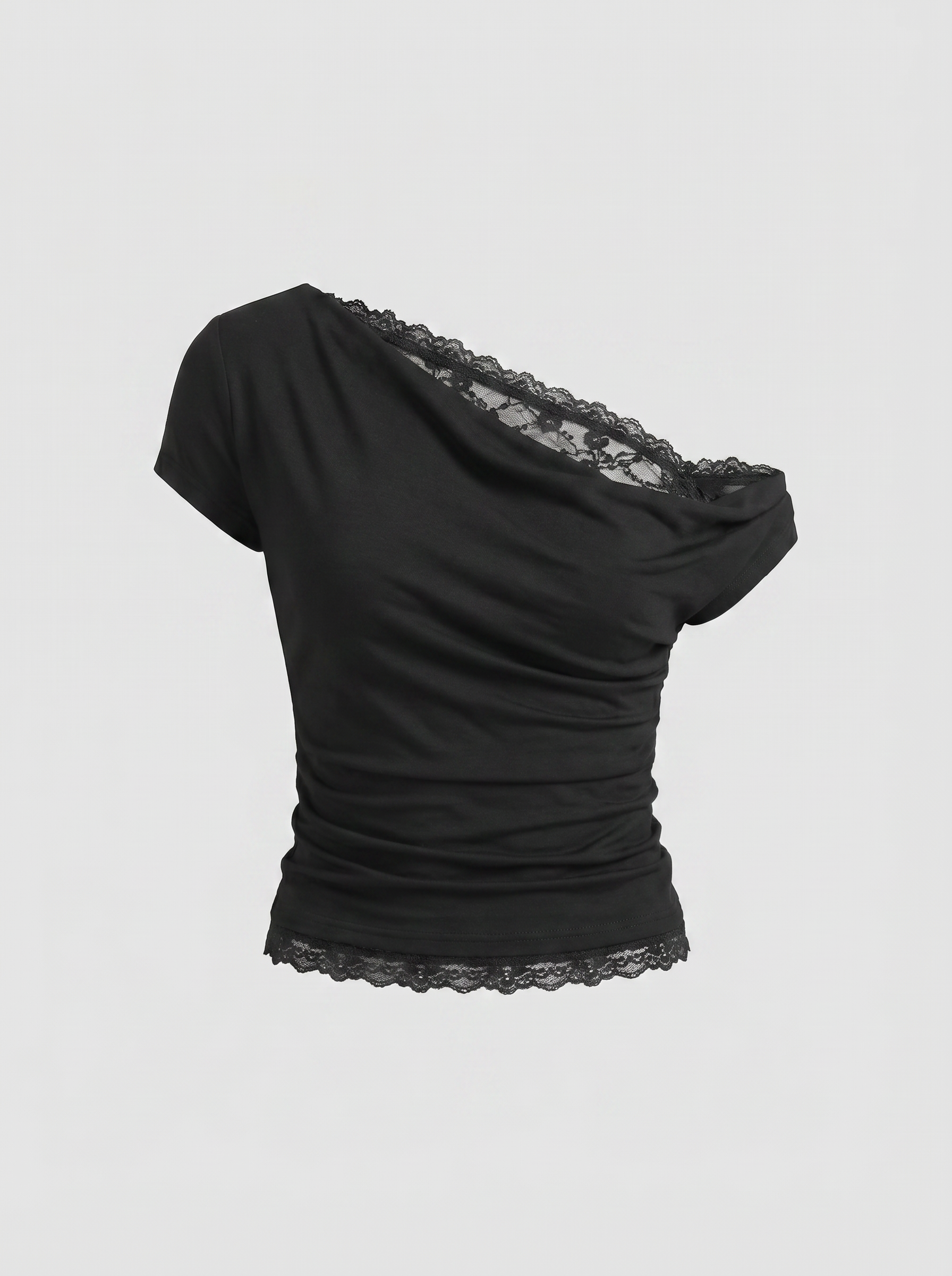 Dolled Office Layered-look Lace Trim Asymmetric Top - Black