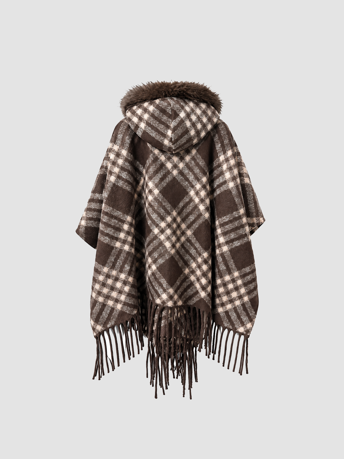 Brick Lane Plaid Pattern Fringed Knit Poncho Shawl - Brown/Black