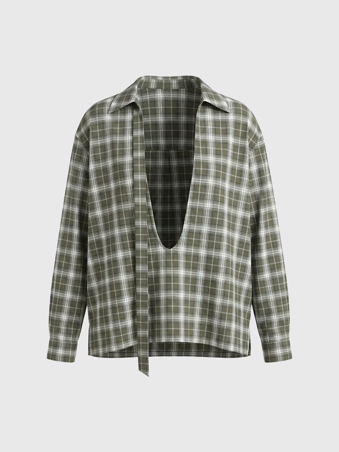 Dolled Office Plaid Tie-Front Long Sleeve Shirt - Green
