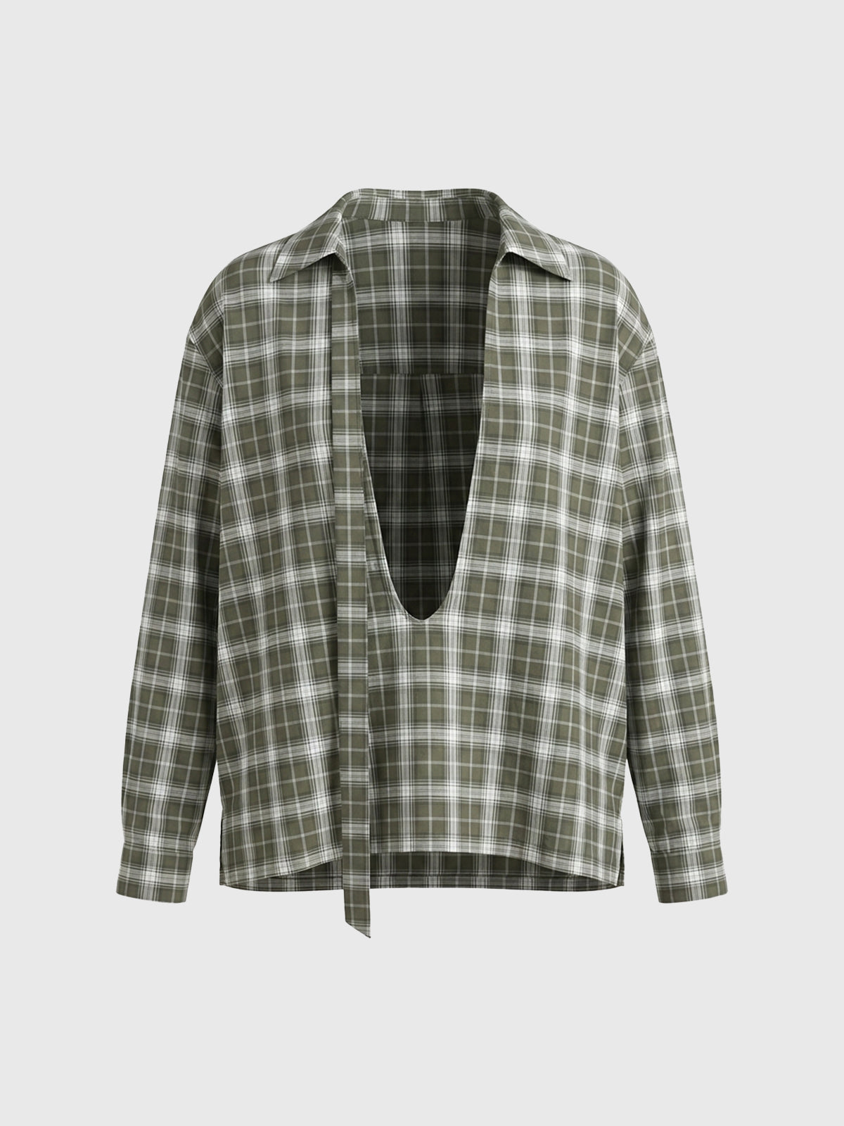 Dolled Office Plaid Tie-Front Long Sleeve Shirt - Green