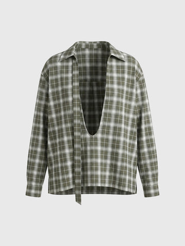 Dolled Office Plaid Tie-Front Long Sleeve Shirt - Green