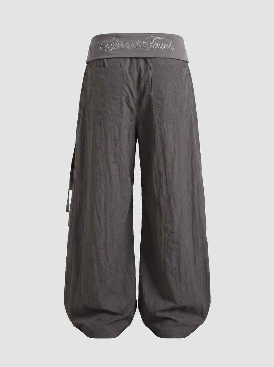 Brick Lane Wide-Leg V-Neck Crossover Waist Pants - Grey