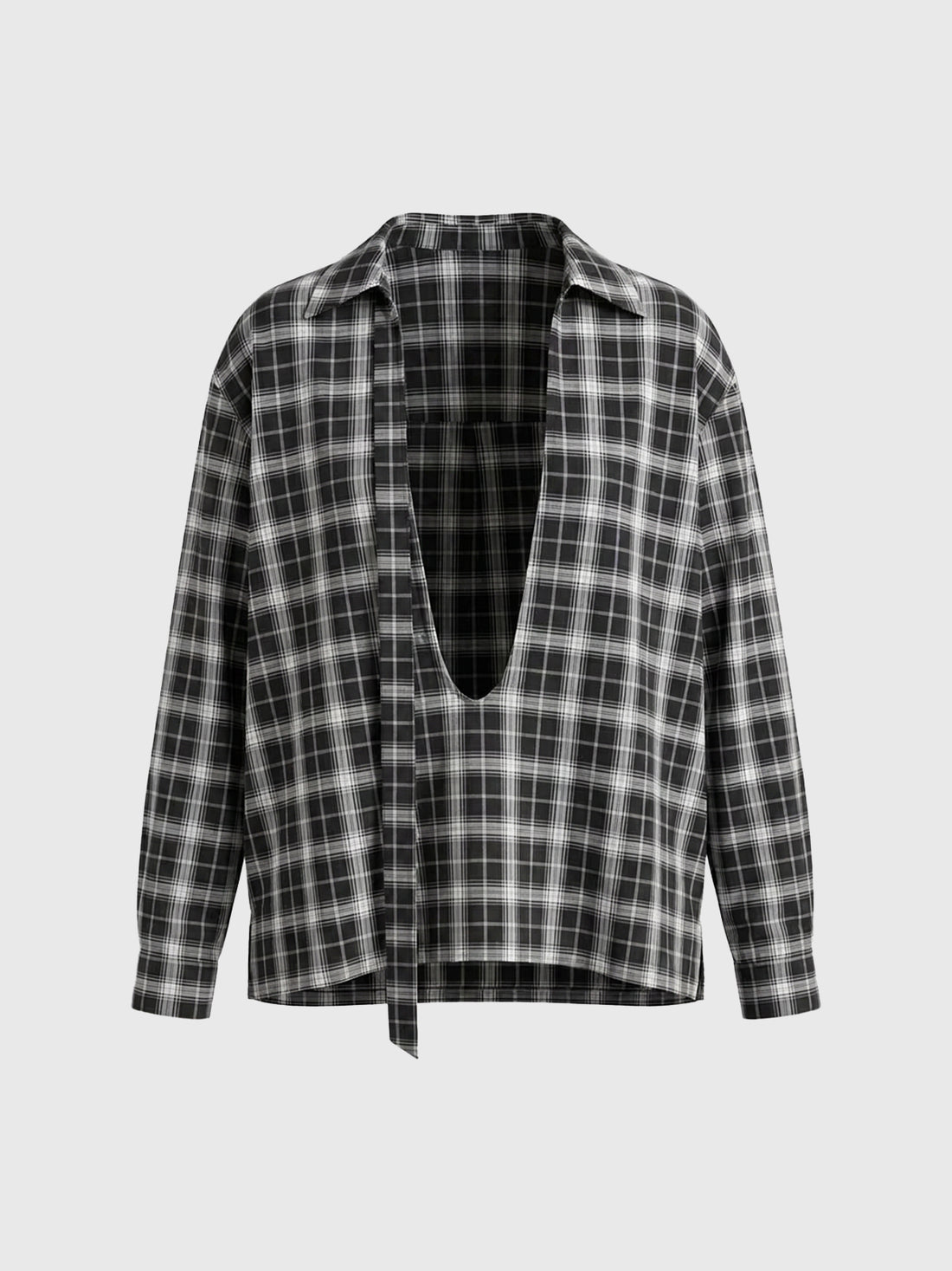 Dolled Office Plaid Tie-Front Long Sleeve Shirt - Black
